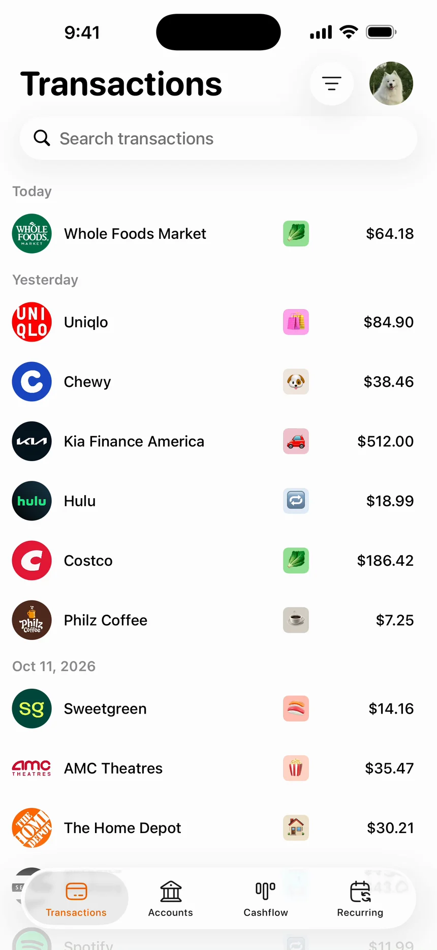 Penny's Transactions tab: the day's charges arriving at the top of the list one at a time, Poke Poke Fish Bar, then Academic Coffee, then Chevron, above yesterday's, each with its merchant's logo, a category and an amount.