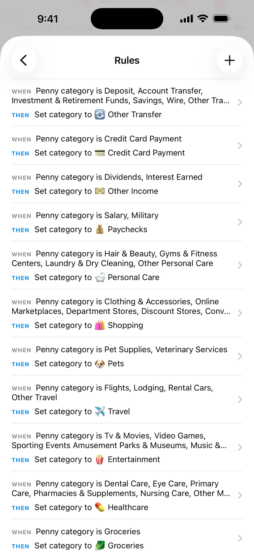 Penny's Rules screen, a list of rules each written as a WHEN line and a THEN line, such as when the Penny category is Groceries, set category to Groceries.