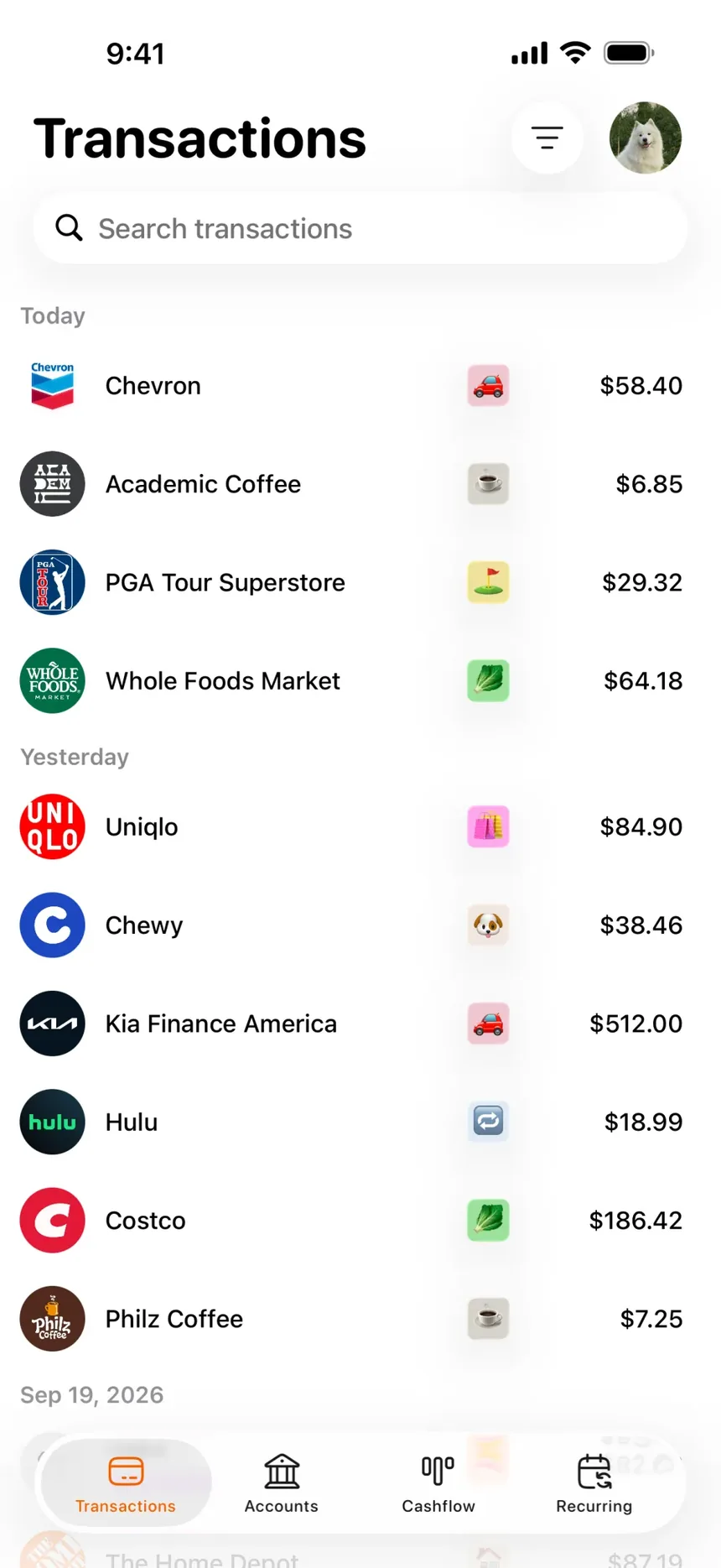 Penny's Transactions tab listing recent charges by merchant.