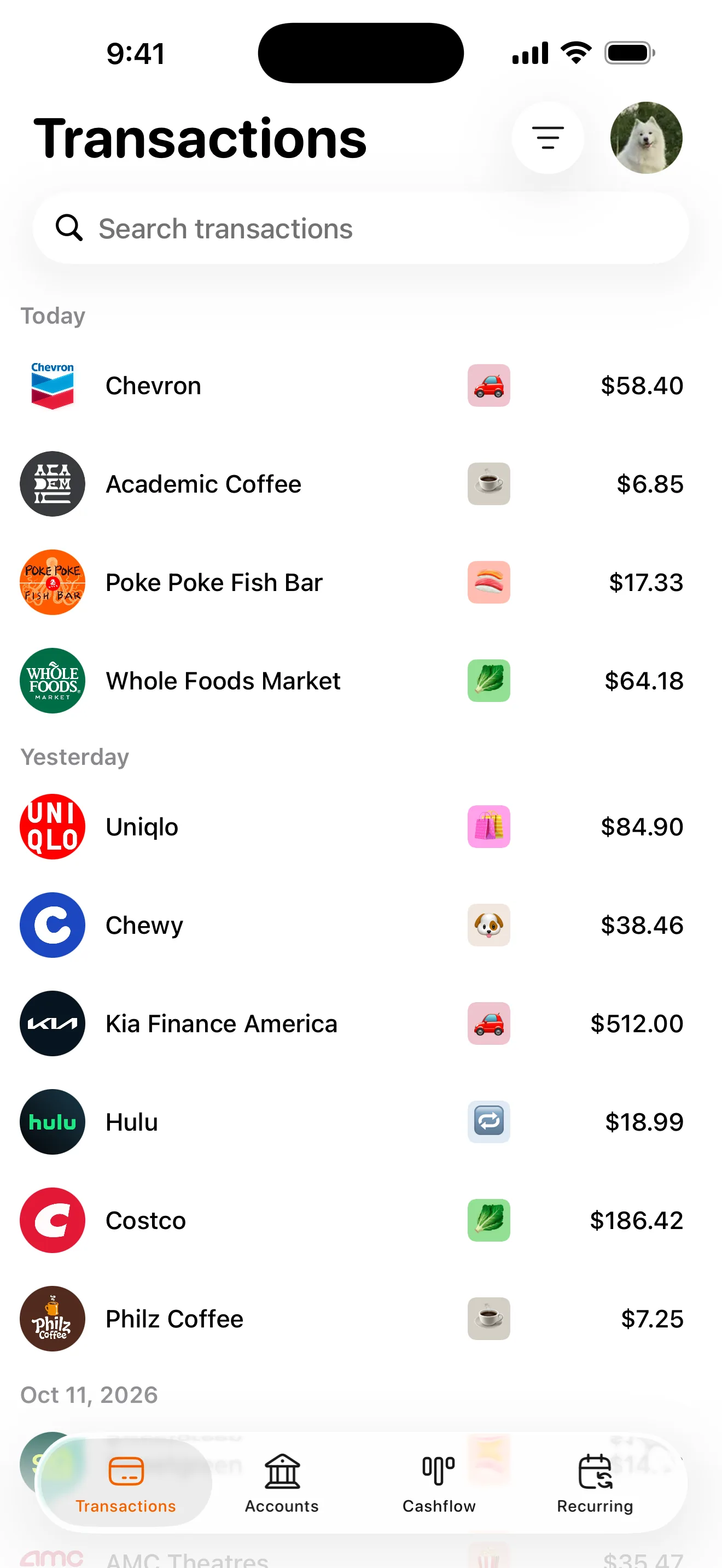Penny's Transactions tab listing recent charges by merchant, from accounts at Chase, Fidelity, Ally, Apple Card, Amex, and Vanguard.