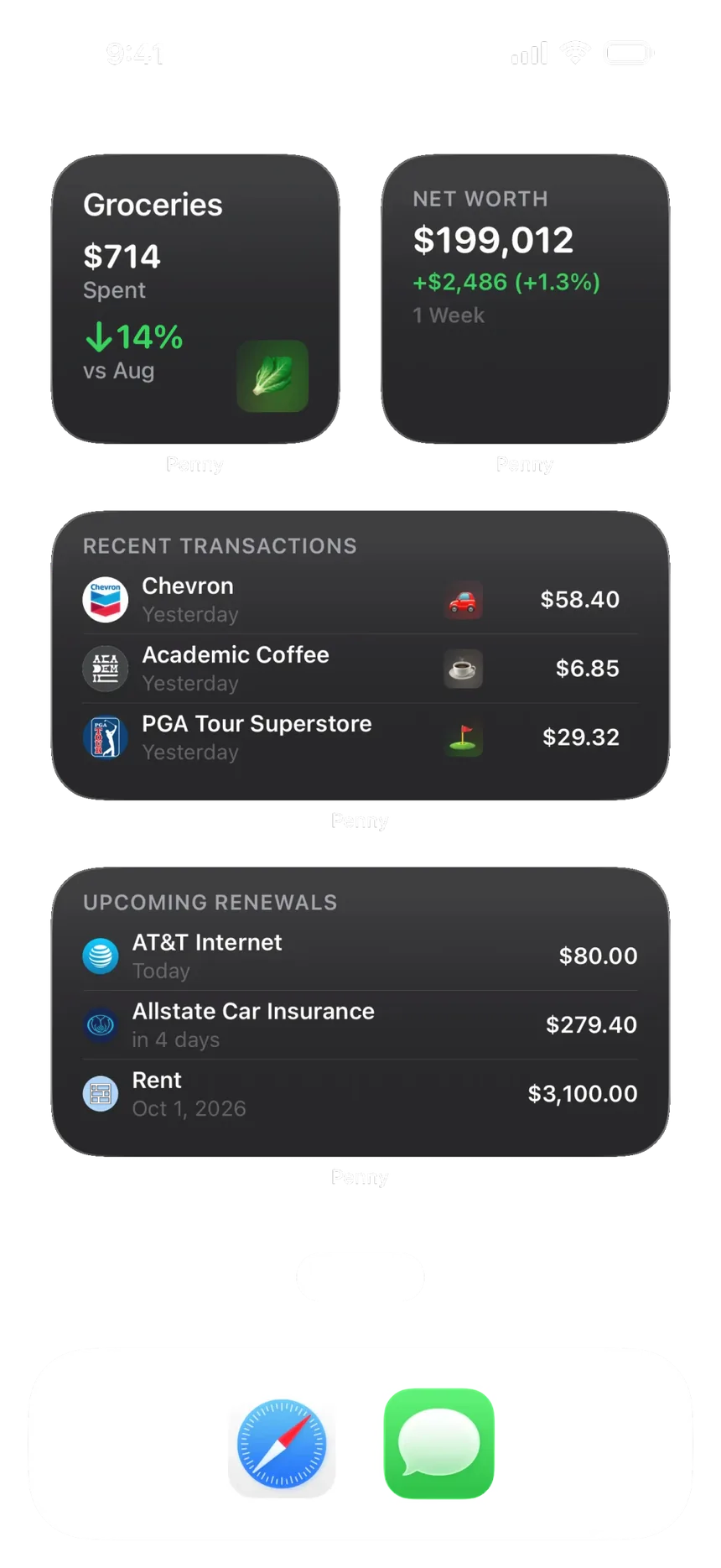 An iPhone Home Screen with Penny's Groceries spending, Net Worth, Recent Transactions and Upcoming Renewals widgets.