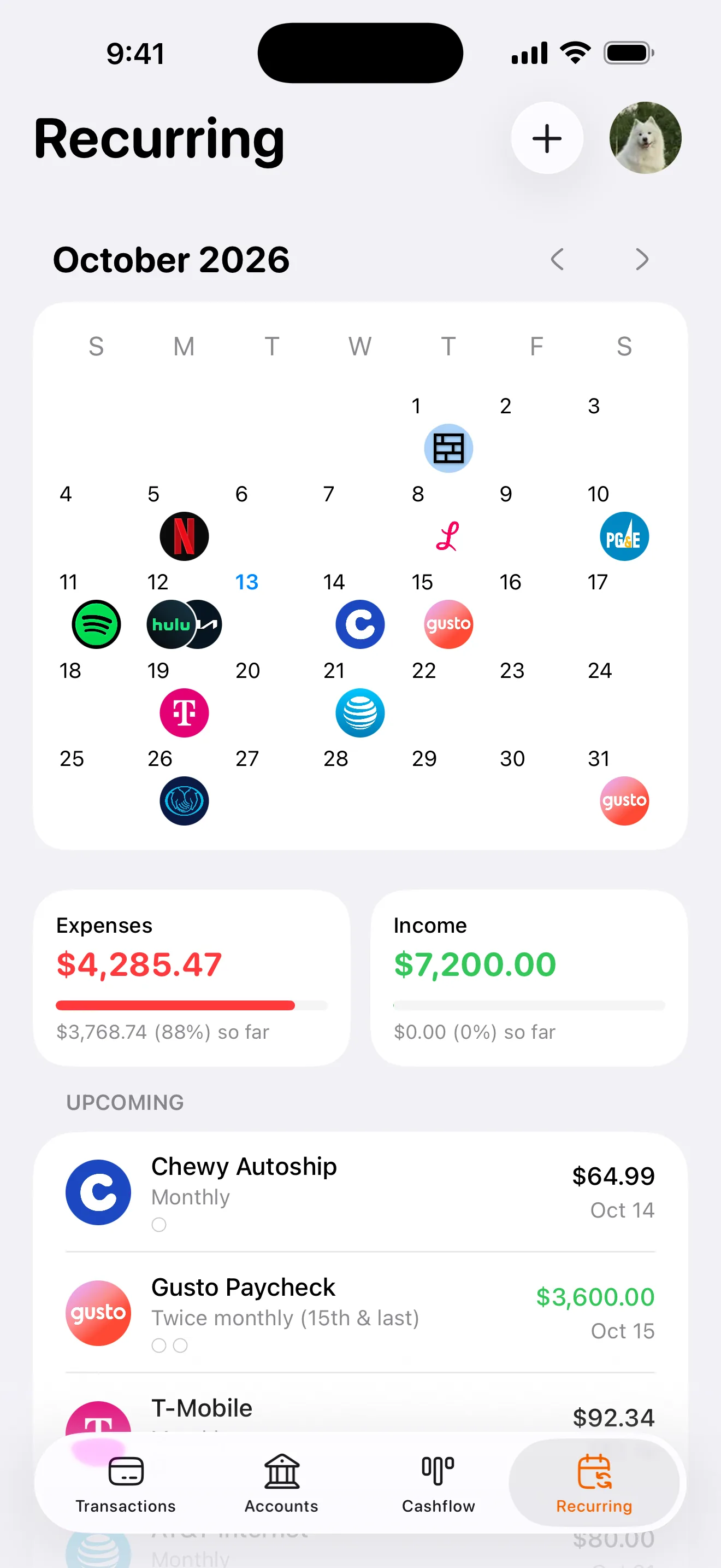 Penny's Recurring tab: a month's calendar, with each bill, subscription and paycheck on the day it's due.
