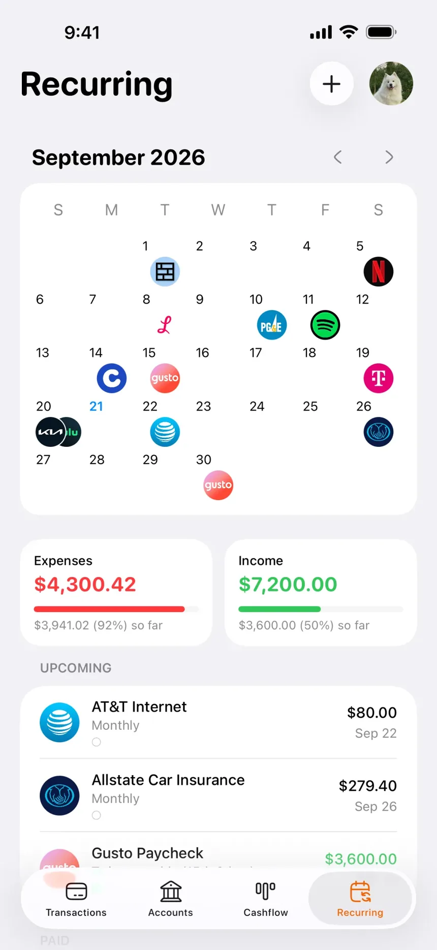 Penny's Recurring tab listing upcoming subscriptions and bills.