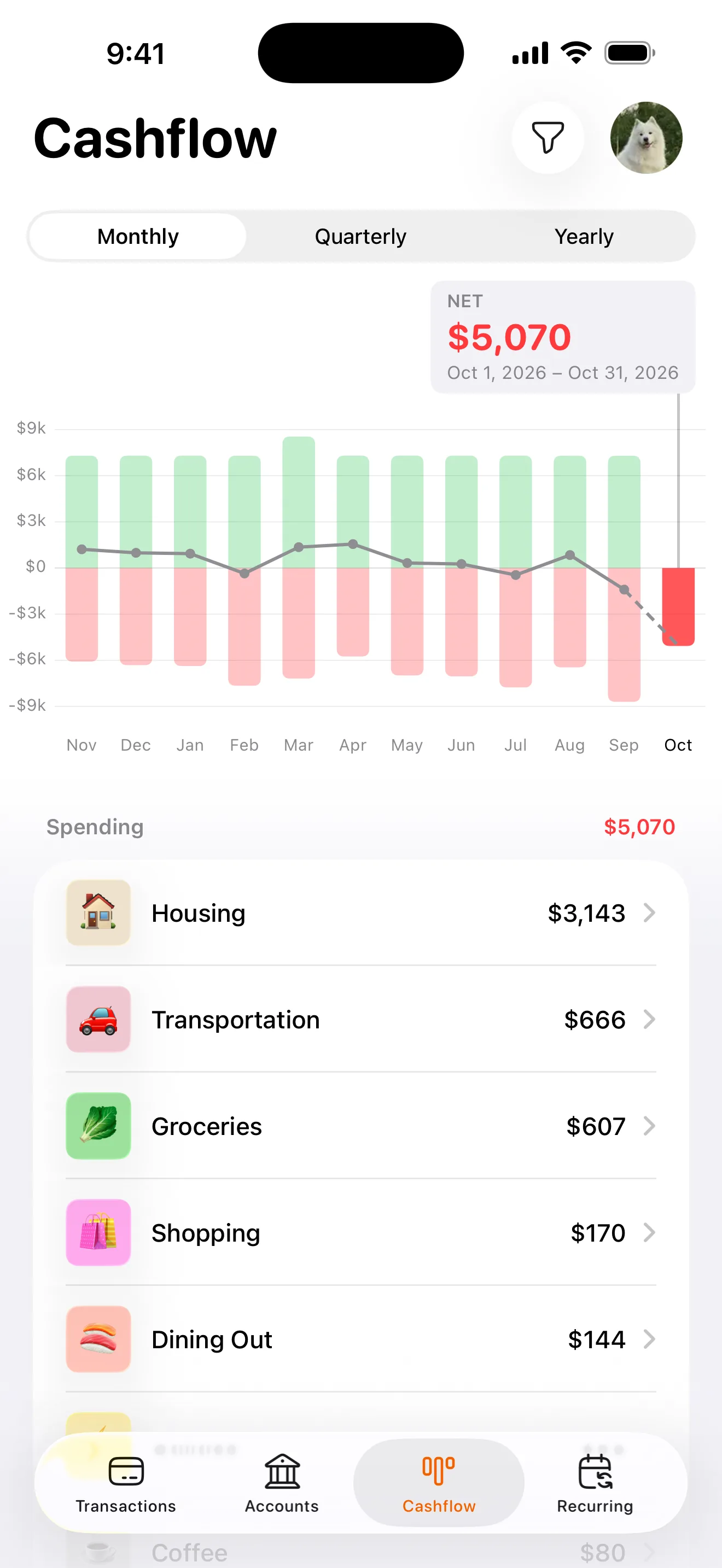 Penny's Cashflow tab comparing income with expenses by category.